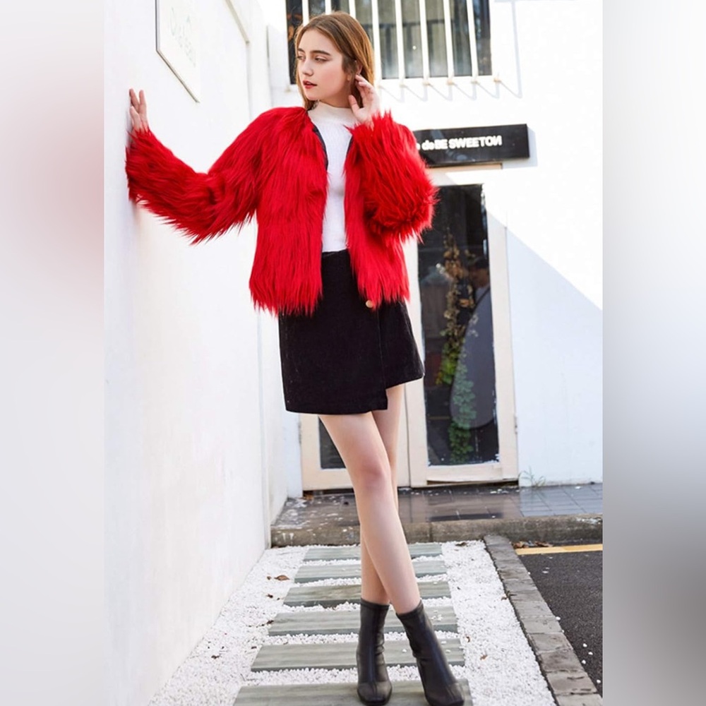 Women's Solid Color Shaggy Faux Fur Coat Long Sleeves Jacket Outerwear Tops